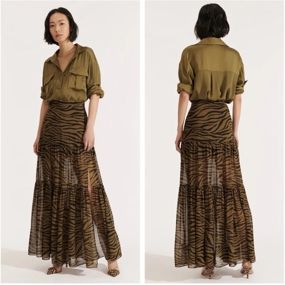Veronica Beard Olive Green Serence Zebra Silk Maxi Thigh High Slit Skirt - Picture 7 of 12